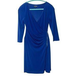 Vibrant Royal blue Form Fitting Express wrap dress w zipper Stretch Sexy XS